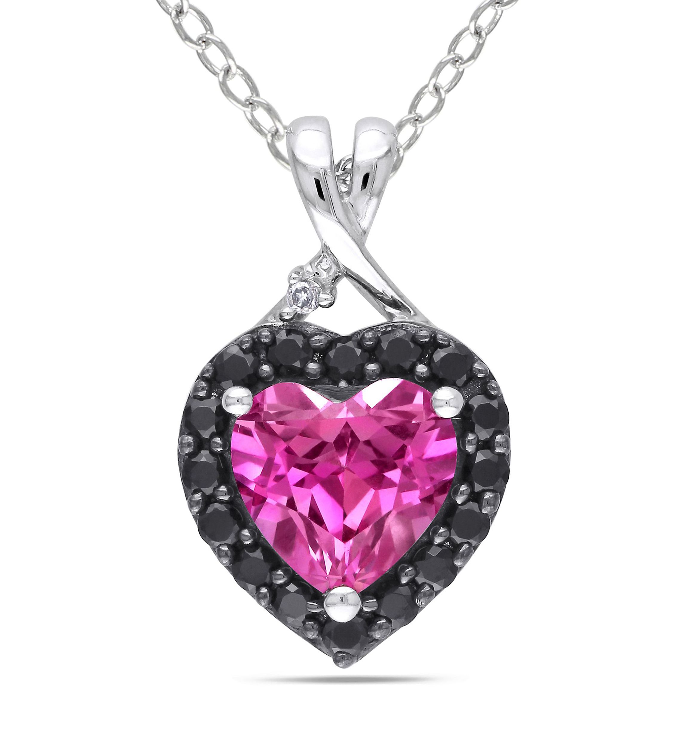 Lab Created Created Pink Sapphire, Black Spinel and Diamond Heart Halo Pendant with Chain in Sterling Silver with Black Rhodium