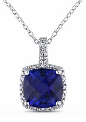 Belk & Co Lab Created 1/10 Ct. T.w. Diamond And 5.72 Ct. T.g.w. Created Blue Sapphire Square Pendant With Chain In Sterling Silver