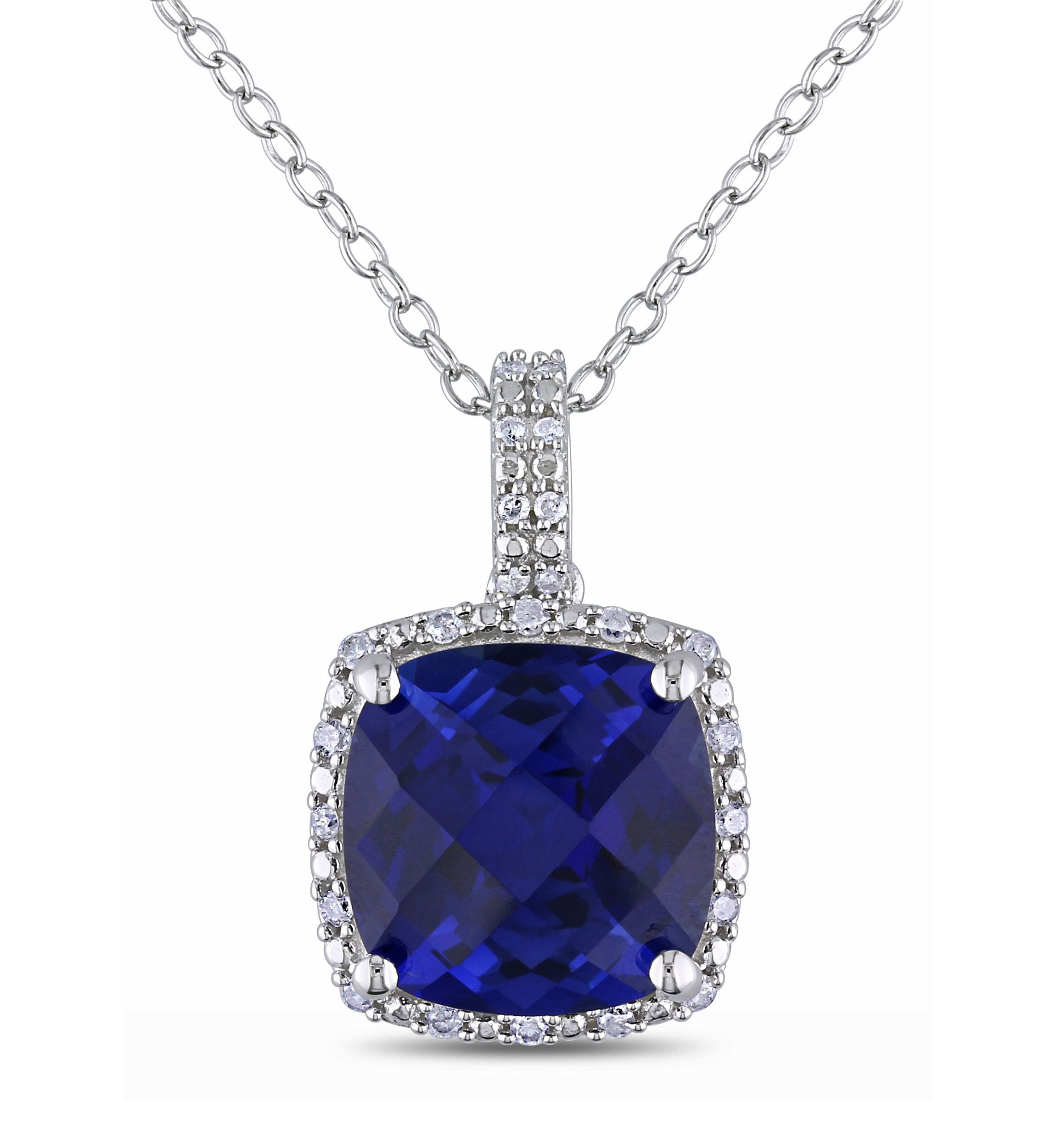 Lab Created 1/10 ct. t.w. Diamond  and 5.72 ct. t.g.w. Created Blue Sapphire Square Pendant With Chain in Sterling Silver
