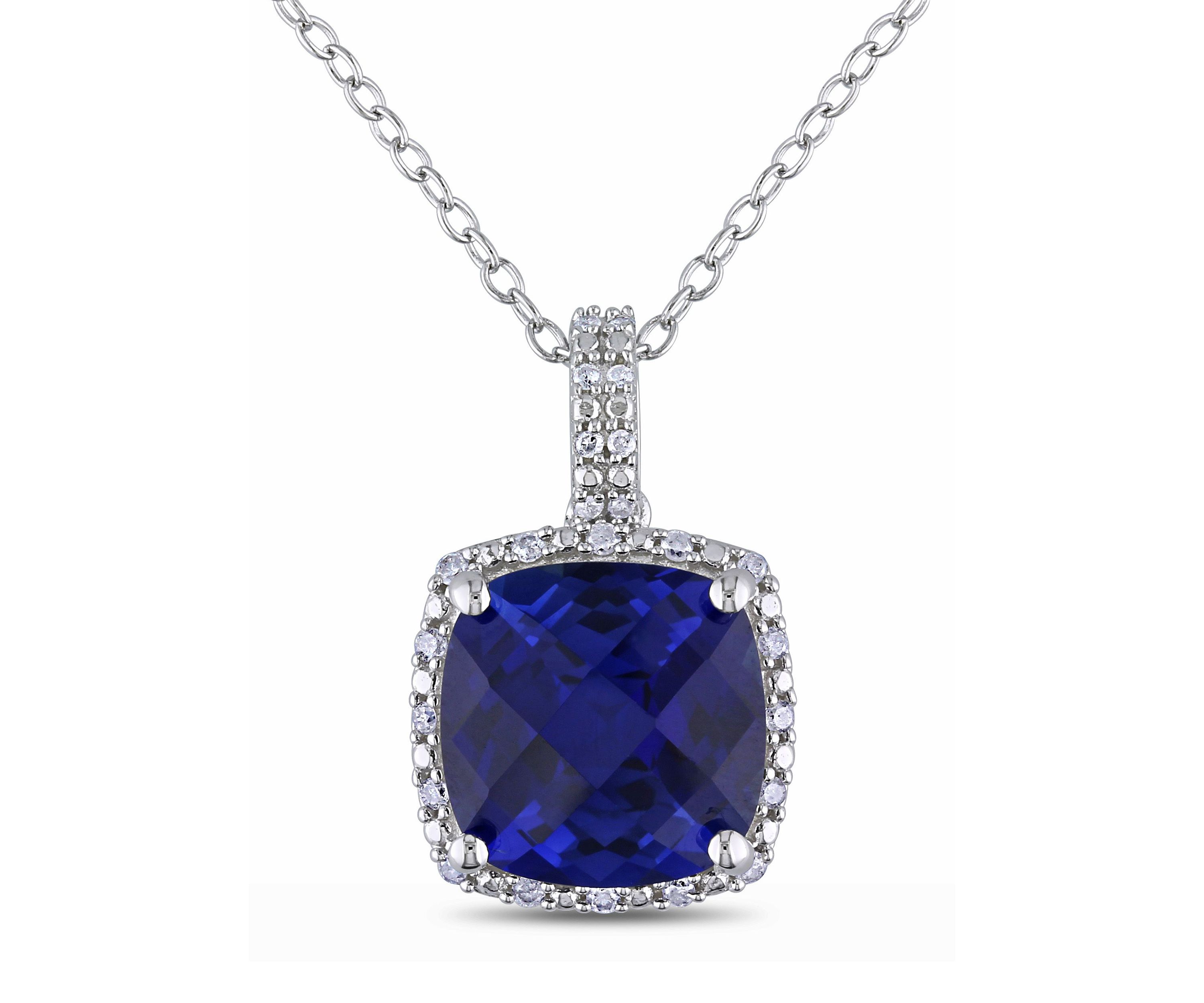 Lab Created 1/10 ct. t.w. Diamond  and 5.72 ct. t.g.w. Created Blue Sapphire Square Pendant With Chain in Sterling Silver