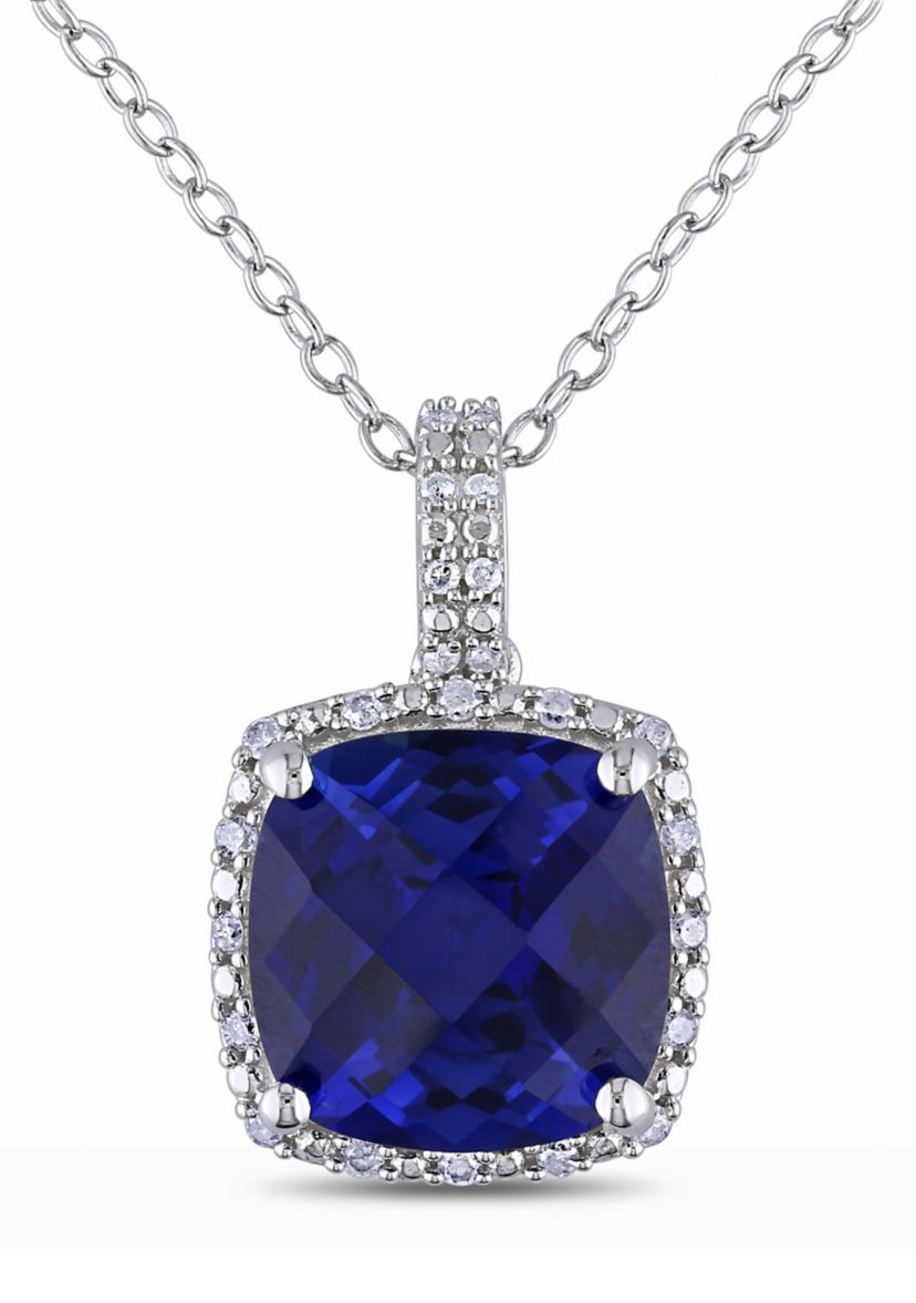 Lab Created 1/10 ct. t.w. Diamond  and 5.72 ct. t.g.w. Created Blue Sapphire Square Pendant With Chain in Sterling Silver