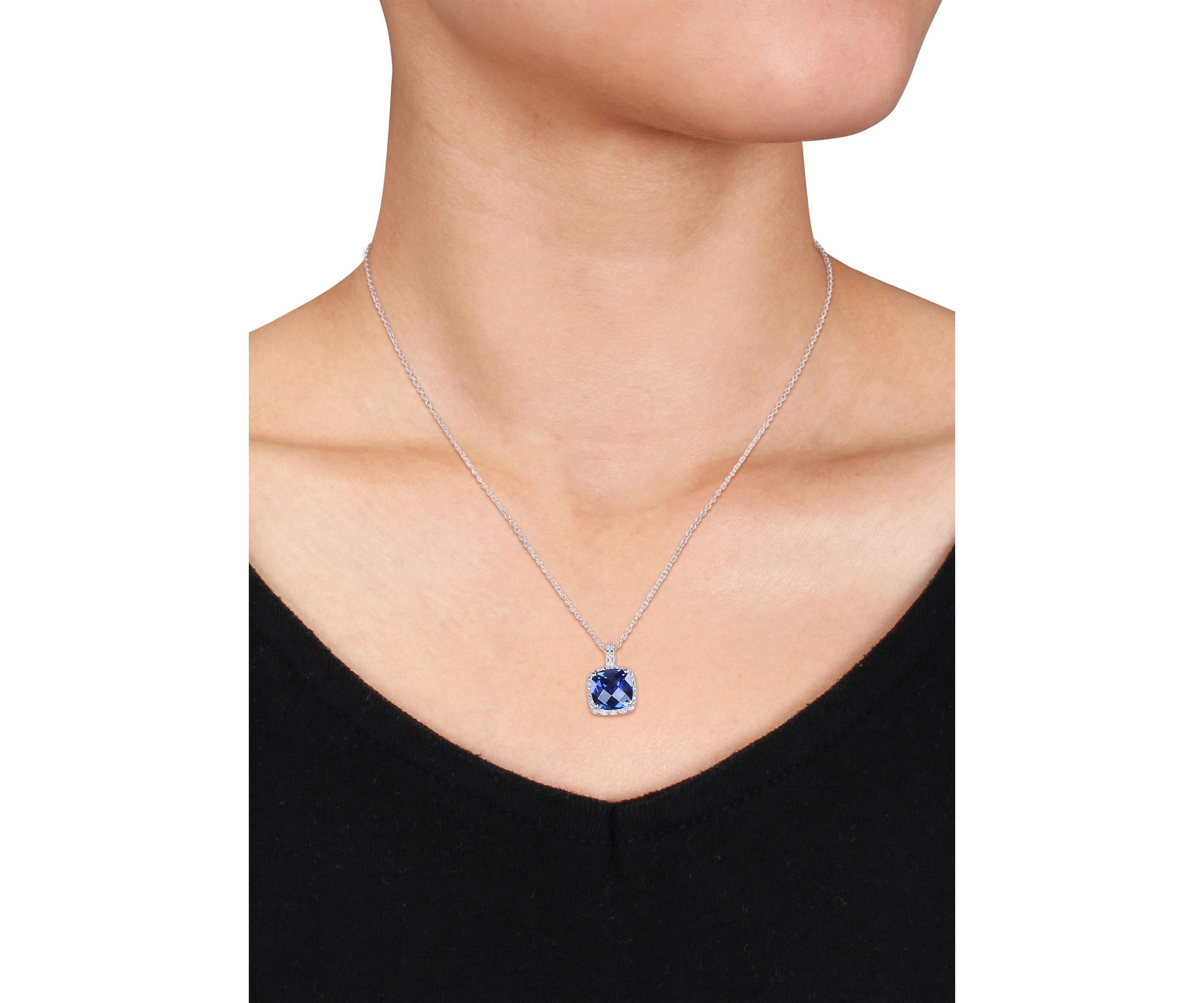 Lab Created 1/10 ct. t.w. Diamond  and 5.72 ct. t.g.w. Created Blue Sapphire Square Pendant With Chain in Sterling Silver