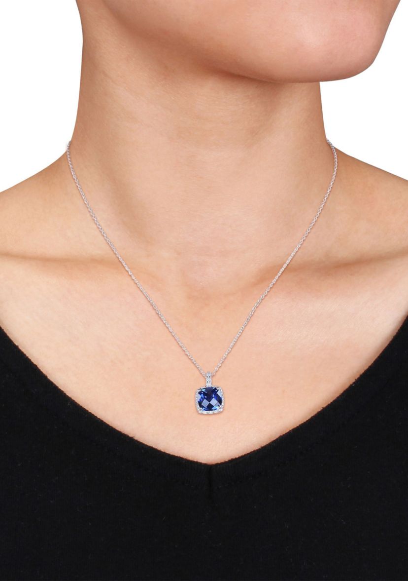 Lab Created 1/10 ct. t.w. Diamond  and 5.72 ct. t.g.w. Created Blue Sapphire Square Pendant With Chain in Sterling Silver