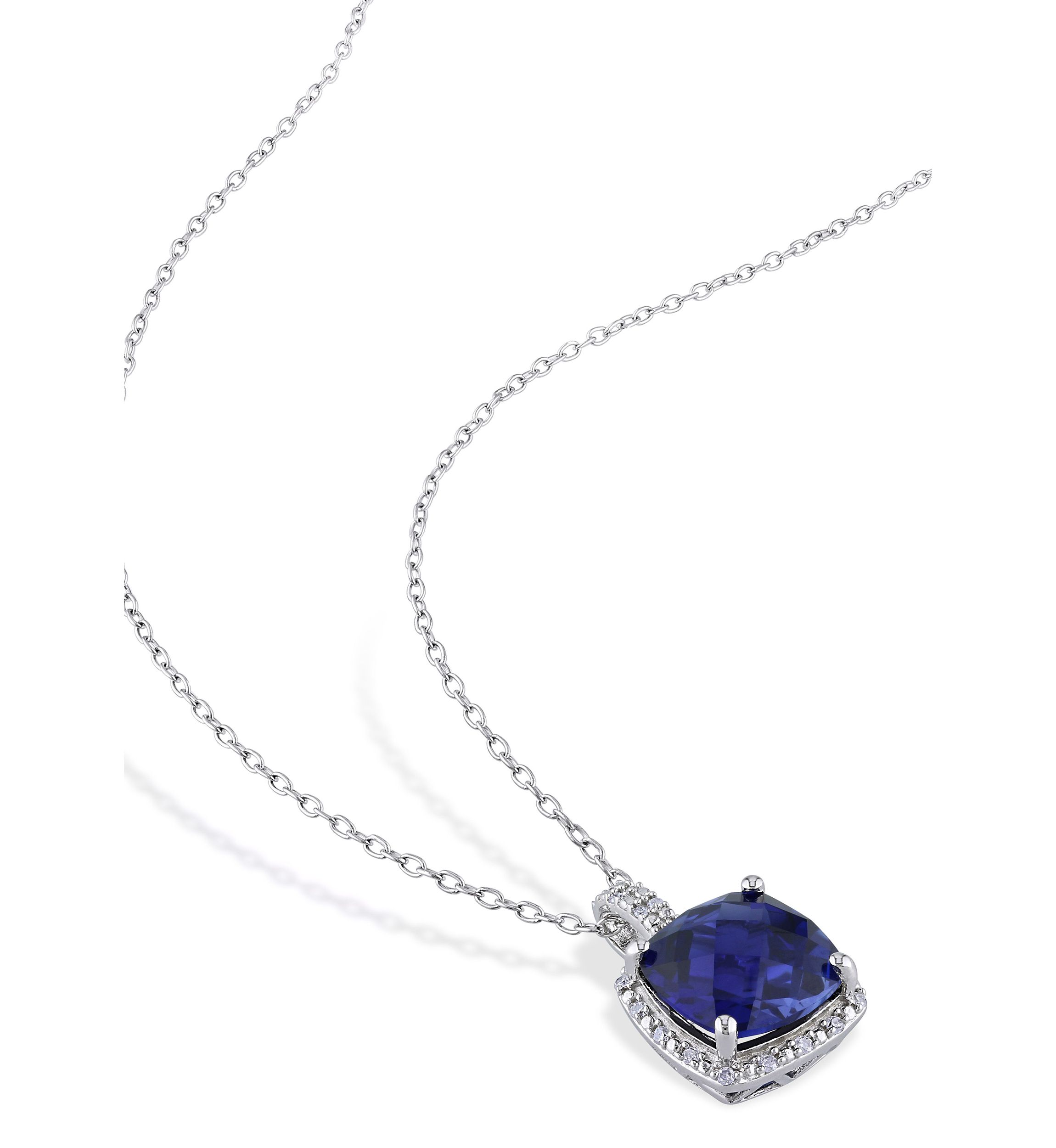 Lab Created 1/10 ct. t.w. Diamond  and 5.72 ct. t.g.w. Created Blue Sapphire Square Pendant With Chain in Sterling Silver