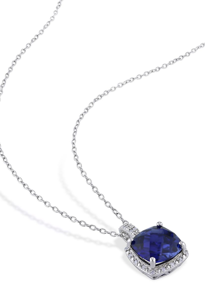 Lab Created 1/10 ct. t.w. Diamond  and 5.72 ct. t.g.w. Created Blue Sapphire Square Pendant With Chain in Sterling Silver