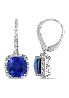 Belk & Co Lab Created 6.50 ct. t.g.w. Blue Sapphire and 1/5 ct. t.w. Diamond Leverback Halo Earrings in Sterling Silver, White