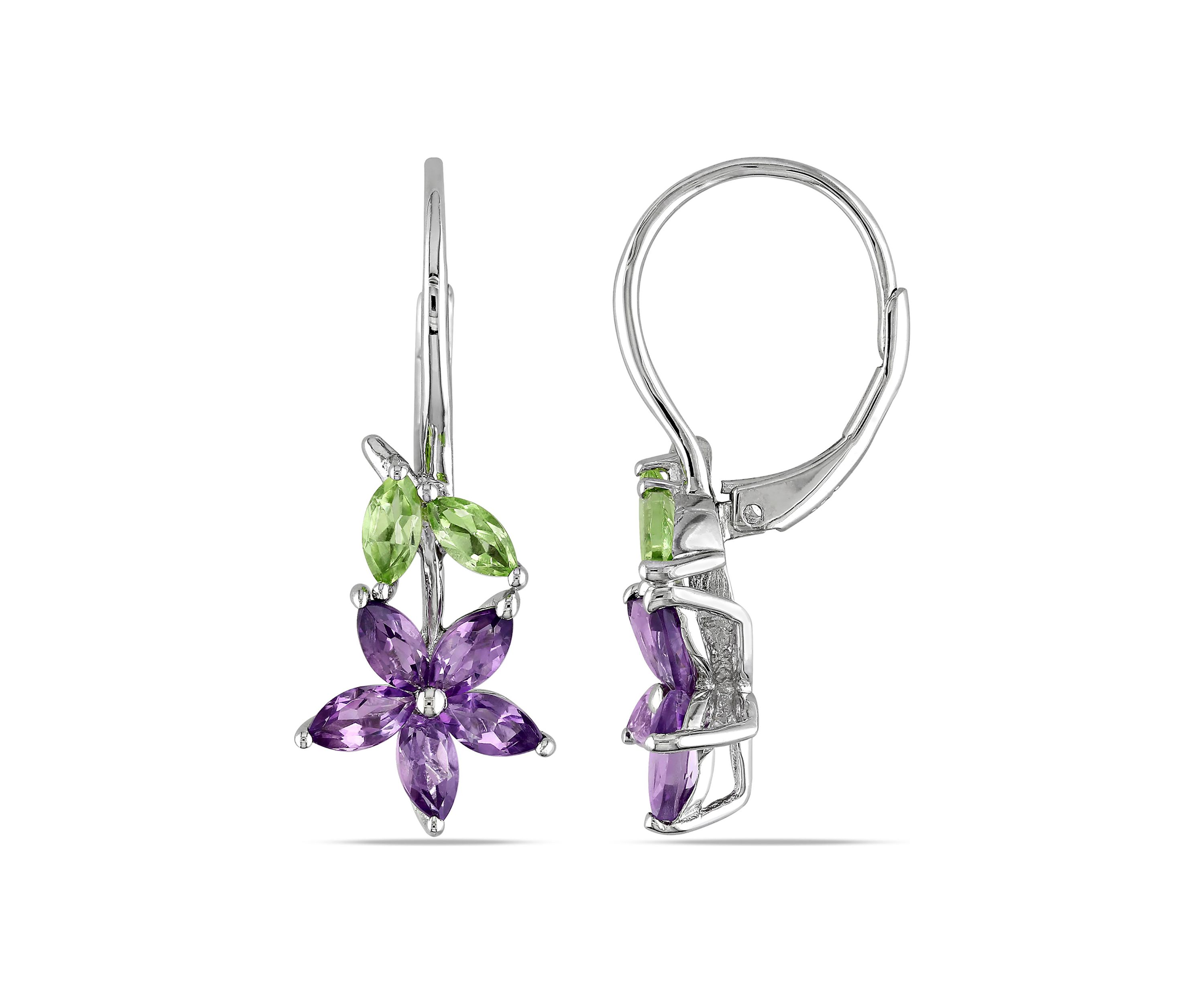 1.84 ct. t.g.w. Amethyst and Peridot Floral Leverback Earrings in Sterling Silver