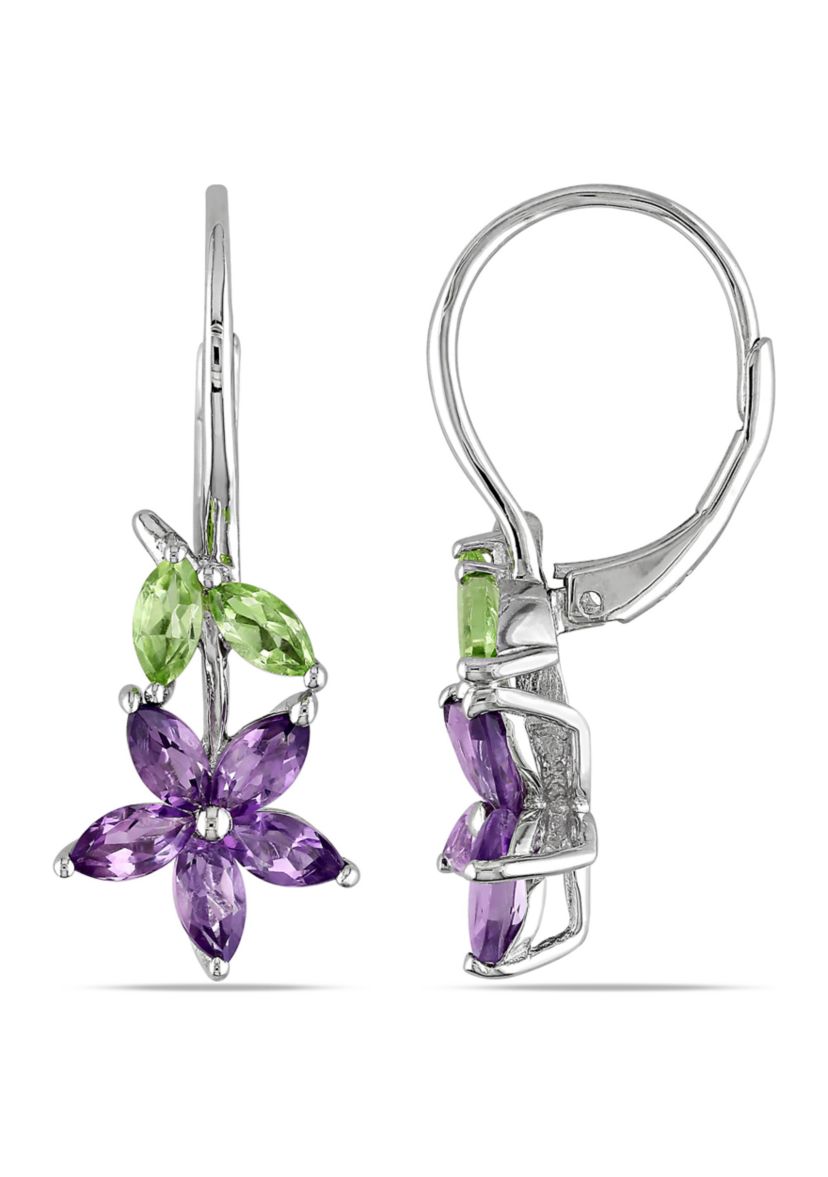 1.84 ct. t.g.w. Amethyst and Peridot Floral Leverback Earrings in Sterling Silver