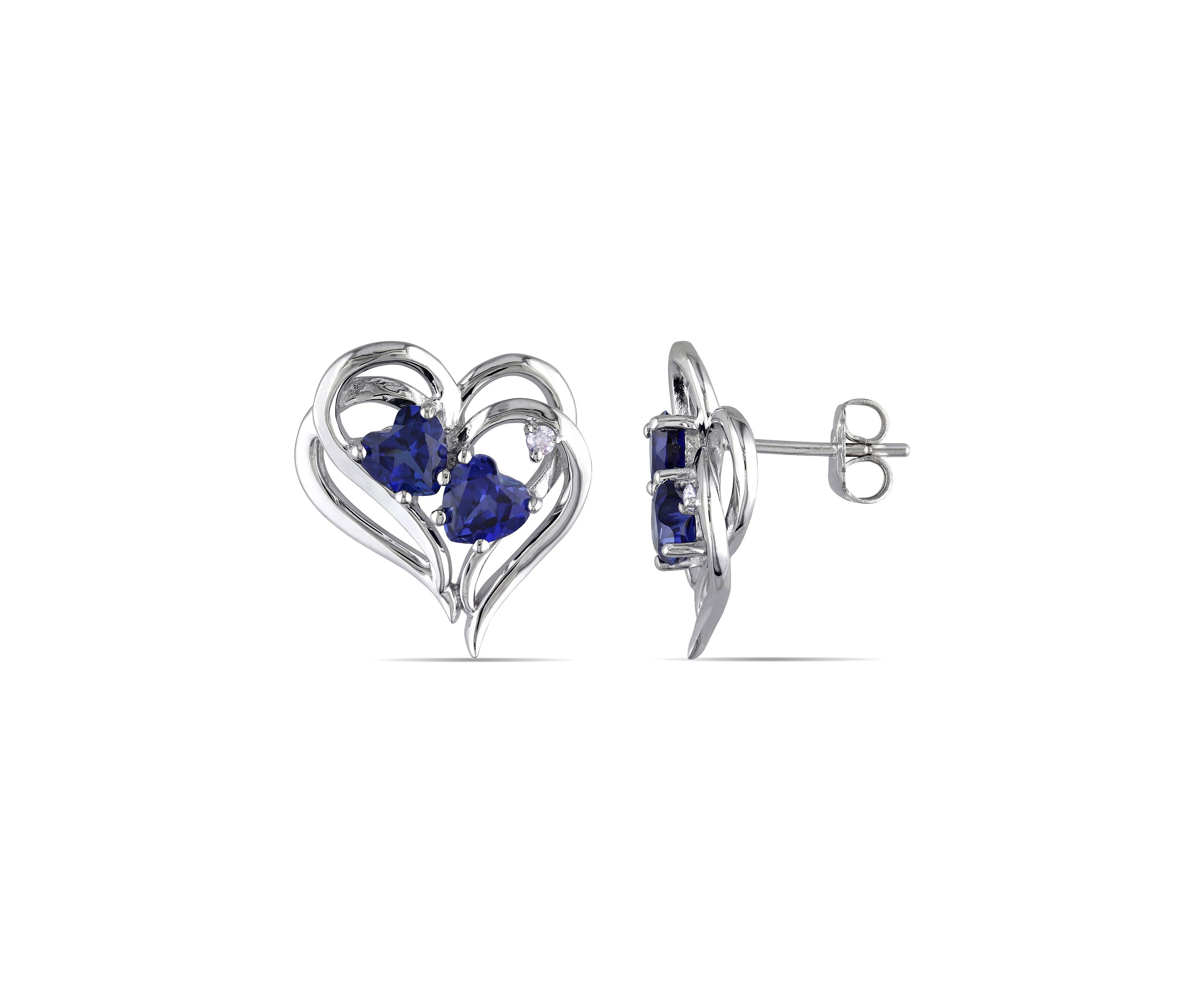 Lab Created Diamond and Created Blue Sapphire Heart Earrings in Sterling Silver