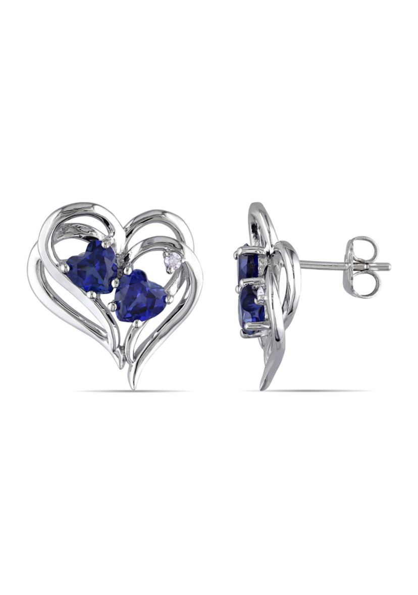 Lab Created Diamond and Created Blue Sapphire Heart Earrings in Sterling Silver