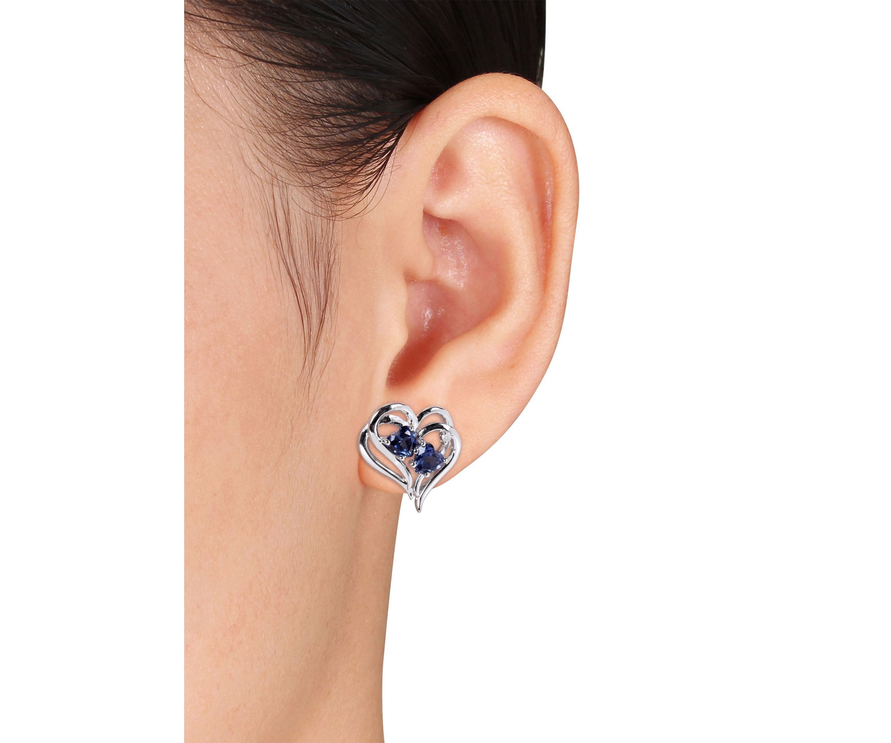 Lab Created Diamond and Created Blue Sapphire Heart Earrings in Sterling Silver