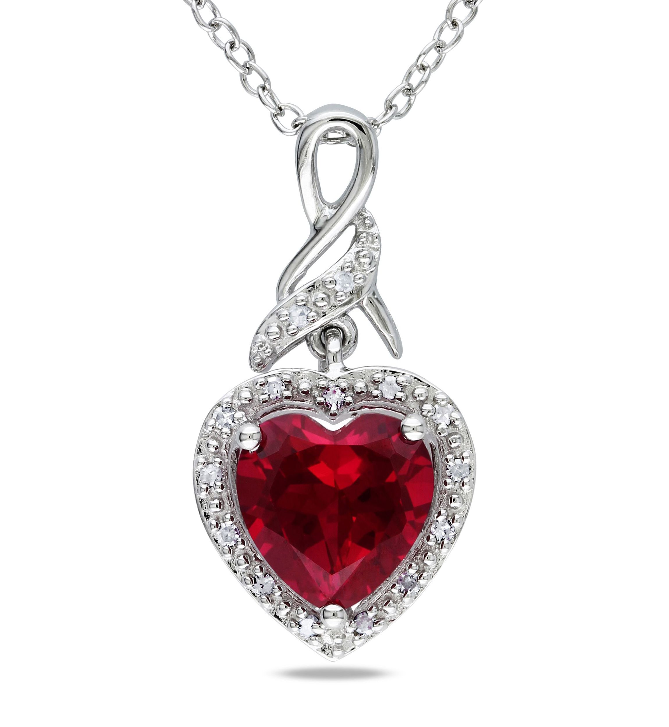 Lab Created Diamond and Created Ruby Heart Twist Pendant with Chain in Sterling Silver