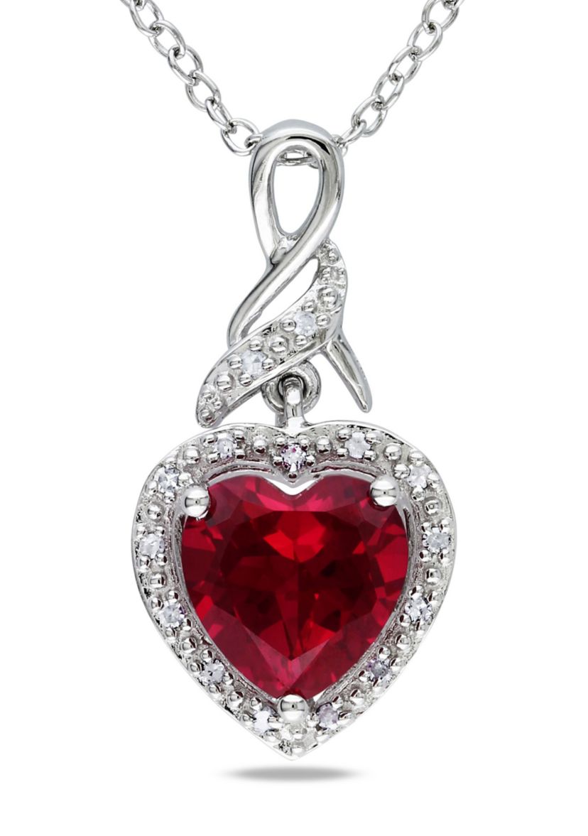 Lab Created Diamond and Created Ruby Heart Twist Pendant with Chain in Sterling Silver