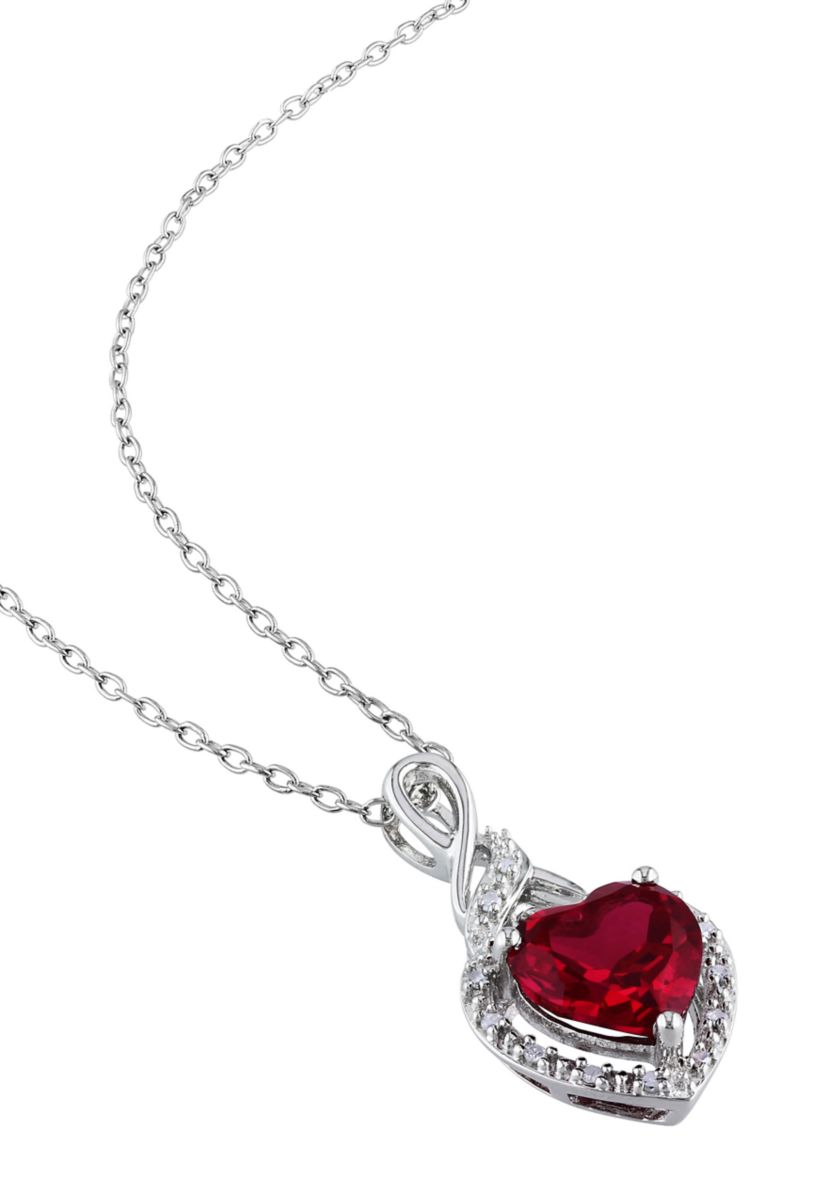 Lab Created Diamond and Created Ruby Heart Twist Pendant with Chain in Sterling Silver