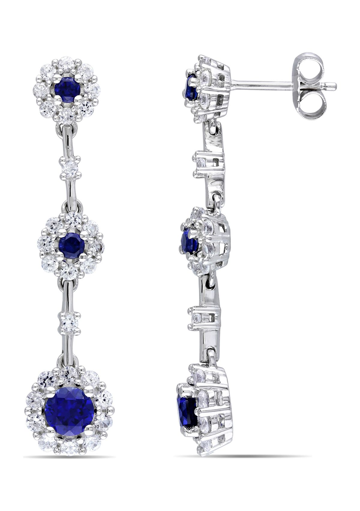 Lab Created 3.72 ct. t.g.w. Created Blue and White Sapphire Dangle Flower Earrings in Sterling Silver