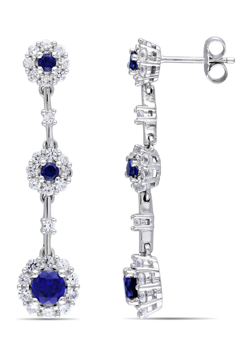 Lab Created 3.72 ct. t.g.w. Created Blue and White Sapphire Dangle Flower Earrings in Sterling Silver