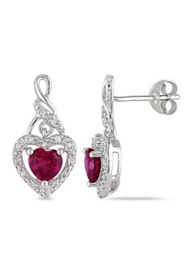 Belk & Co Lab Created 1.18 Ct. T.g.w. Created Ruby And 1/8 Ct. T.w. Diamond Heart Earrings In Sterling Silver