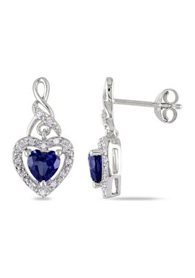Belk & Co Lab Created 1.14 ct. t.g.w. Blue Sapphire and 1/8 ct. t.g.w. Diamond Blue Sapphire and 1/8 ct. t.w. Diamond Heart Earrings in Sterling