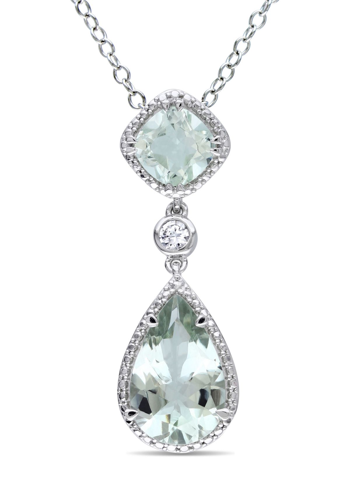 5 CT TGW Green Quartz and Created White Sapphire Teardrop Halo Pendant with Chain in Sterling Silver
