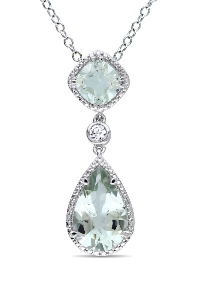 5 CT TGW Green Quartz and Created White Sapphire Teardrop Halo Pendant with Chain in Sterling Silver