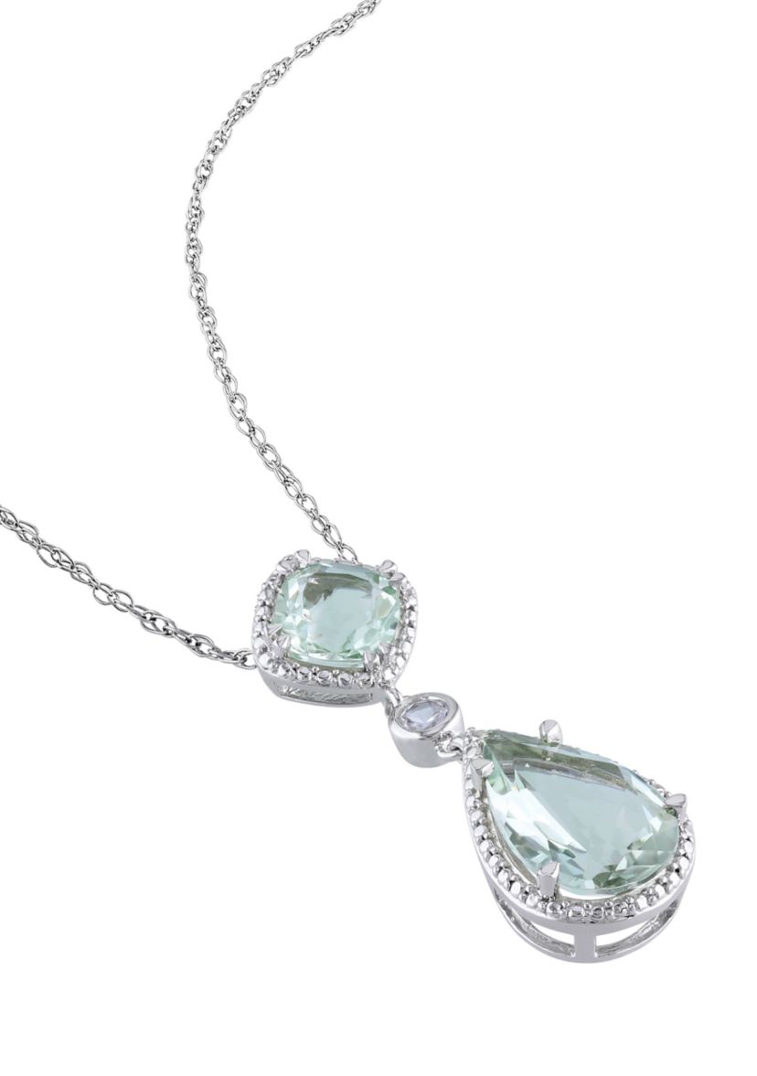 5 CT TGW Green Quartz and Created White Sapphire Teardrop Halo Pendant with Chain in Sterling Silver