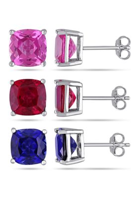 Belk & Co Lab Created 18 ct. t.g.w. Ruby, Blue and Pink Sapphire Stud Earrings 3-Piece Set in Sterling Silver, White