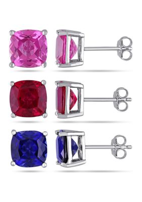 Belk & Co Lab Created 18 Ct. T.g.w. Created Ruby, Created Blue And Pink Sapphire Stud Earrings 3-Piece Set In Sterling Silver, White -  0682077959612