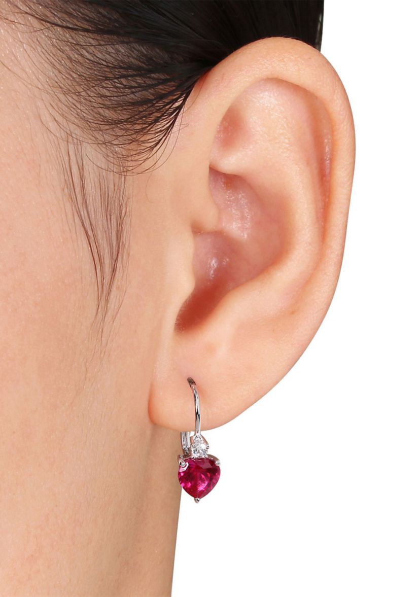 Lab Created 3.40 ct. t.g.w. Created Ruby and White Sapphire Heart Leverback Earrings in Sterling Silver