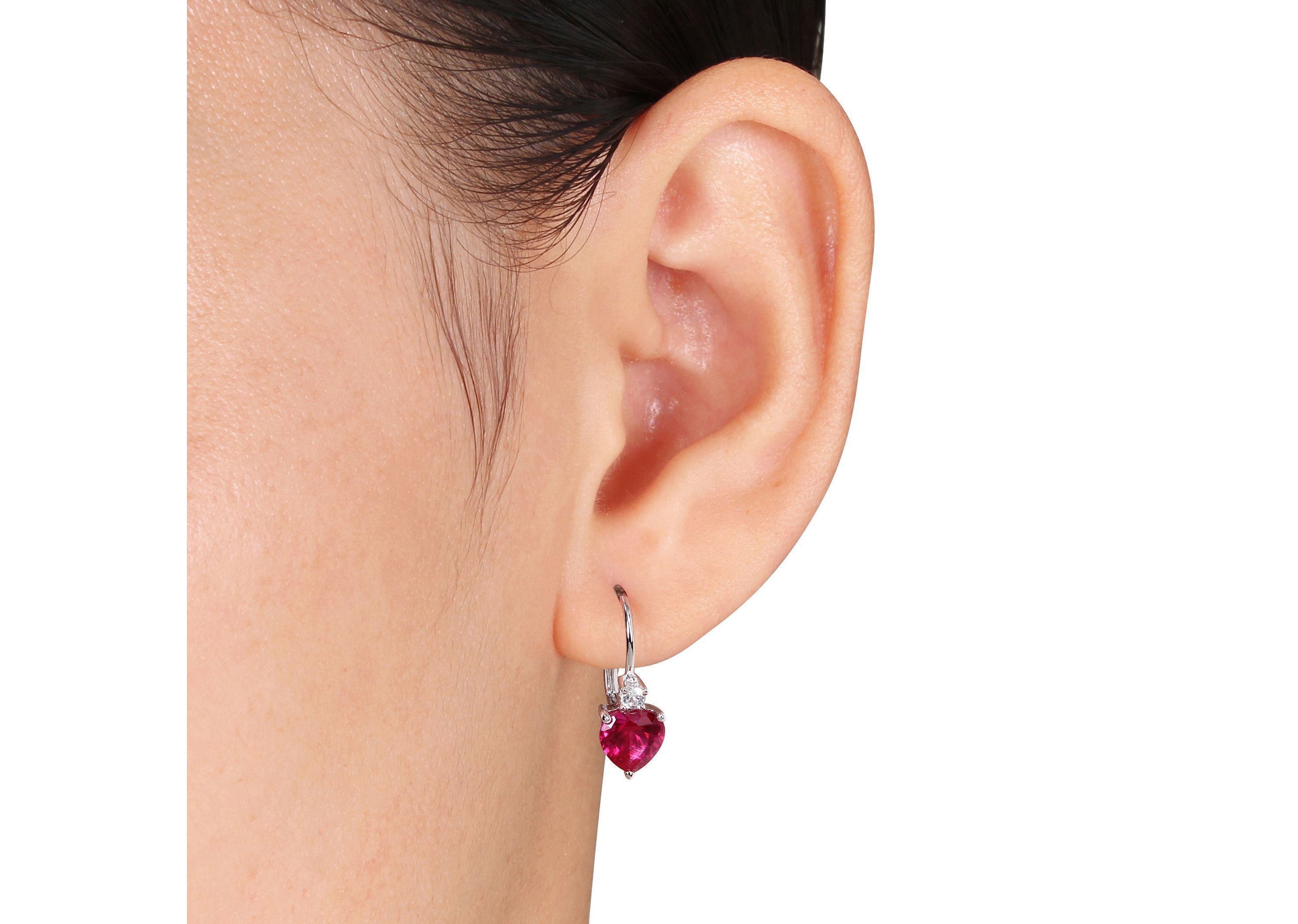Lab Created 3.40 ct. t.g.w. Created Ruby and White Sapphire Heart Leverback Earrings in Sterling Silver