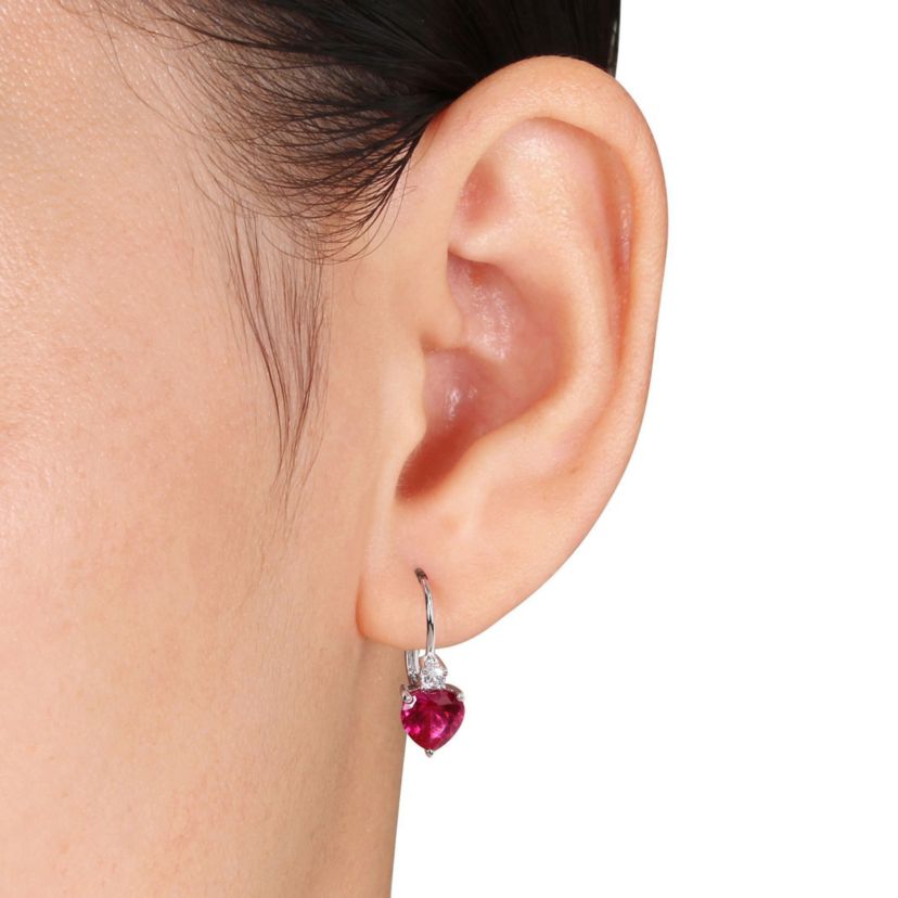 Lab Created 3.40 ct. t.g.w. Created Ruby and White Sapphire Heart Leverback Earrings in Sterling Silver