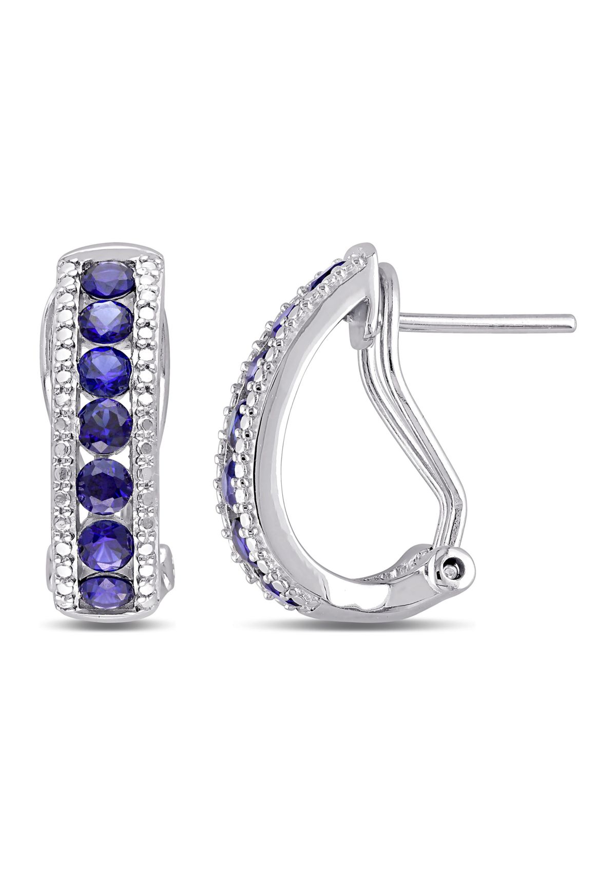 Lab Created Channel Set Created Blue Sapphire Earrings in Sterling Silver