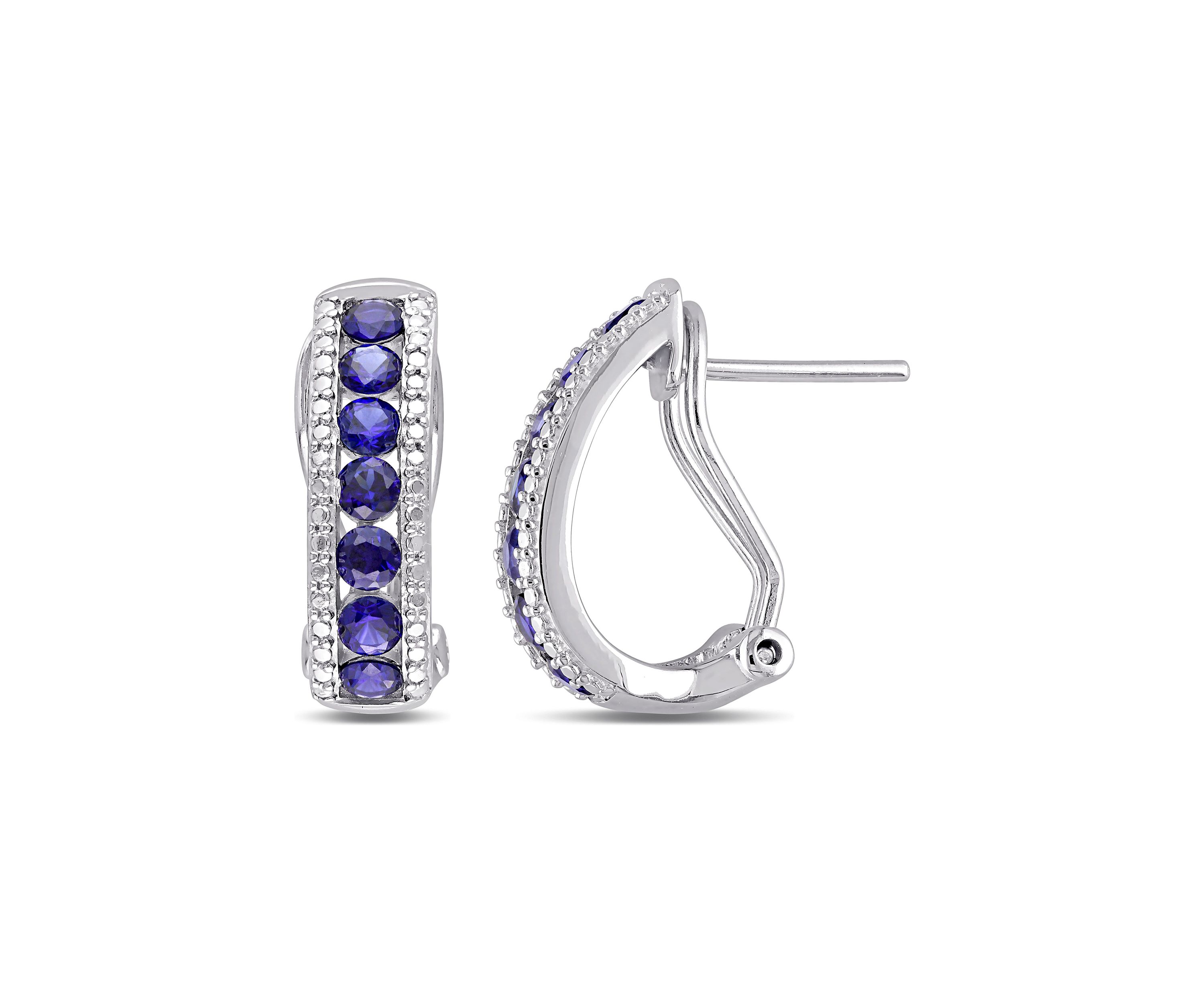 Lab Created Channel Set Created Blue Sapphire Earrings in Sterling Silver