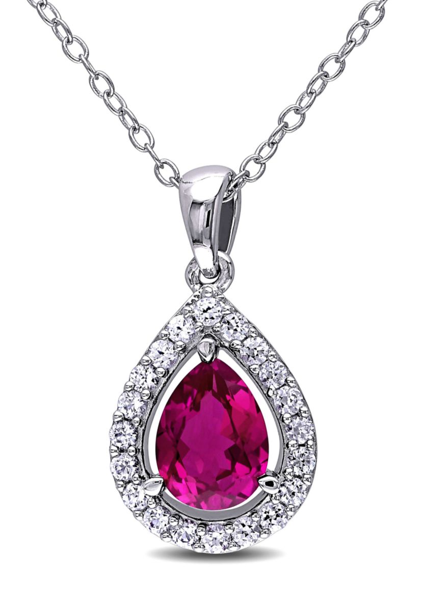 Lab Created Created Ruby and Created White Sapphire Teardrop Halo Pendant with Chain in Sterling Silver