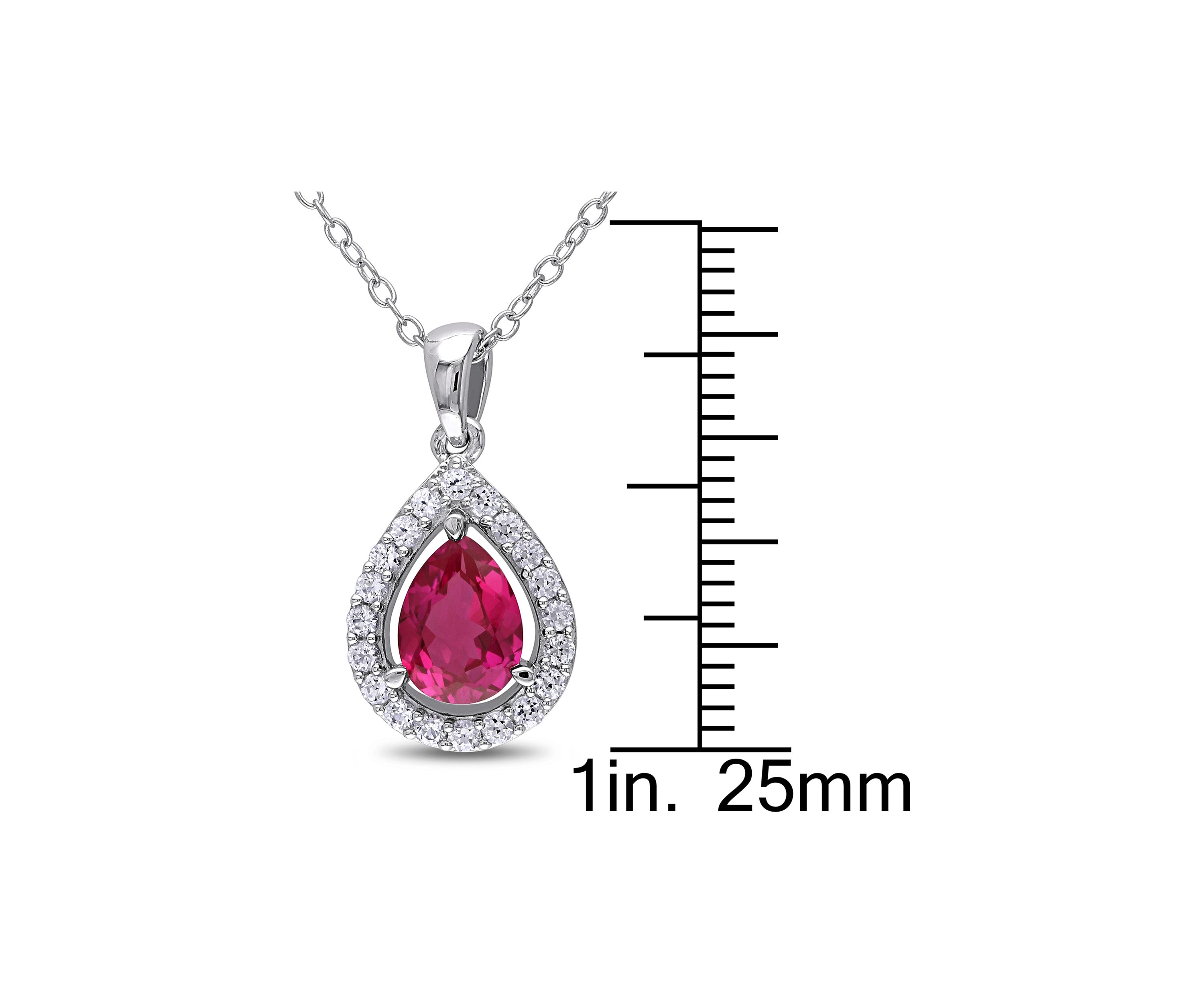Lab Created Created Ruby and Created White Sapphire Teardrop Halo Pendant with Chain in Sterling Silver