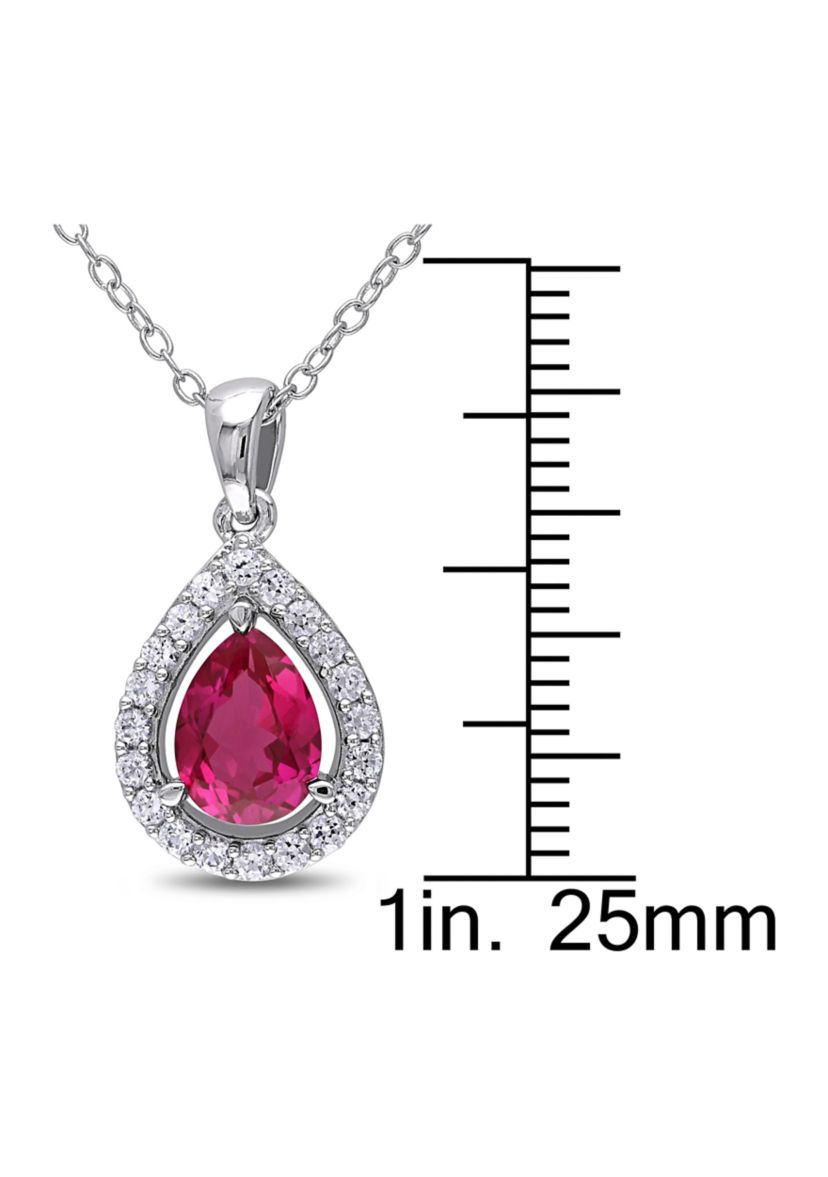 Lab Created Created Ruby and Created White Sapphire Teardrop Halo Pendant with Chain in Sterling Silver