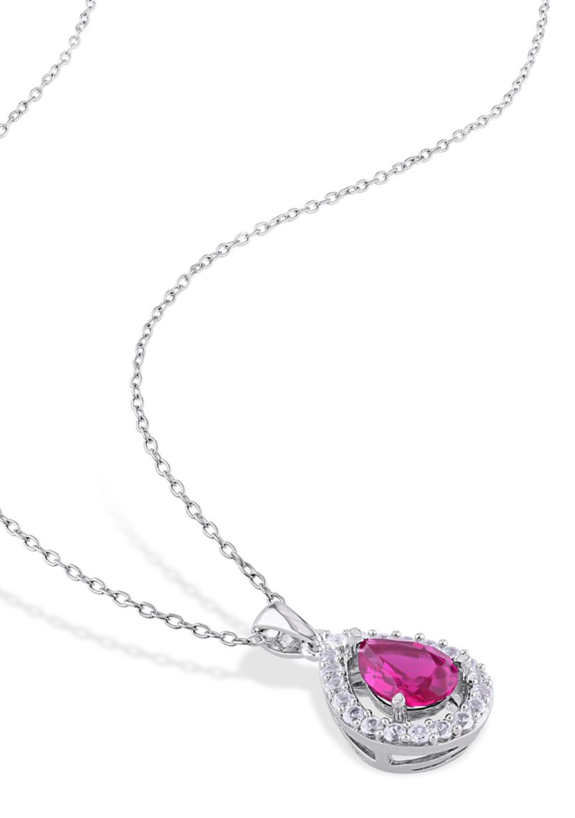 Lab Created Created Ruby and Created White Sapphire Teardrop Halo Pendant with Chain in Sterling Silver