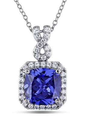 Belk & Co Lab Created 6.42 ct. t.g.w. Cushion Cut Tanzanite and White Sapphire Halo Pendant with Chain in Sterling Silver, 18 in