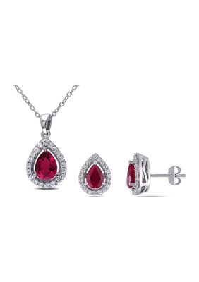 Belk & Co Lab Created 4 7/8 CT TGW Ruby and White Sapphire Teardrop Halo Pendant with Chain and Stud Earrings 2-Piece Set in Sterling Silver