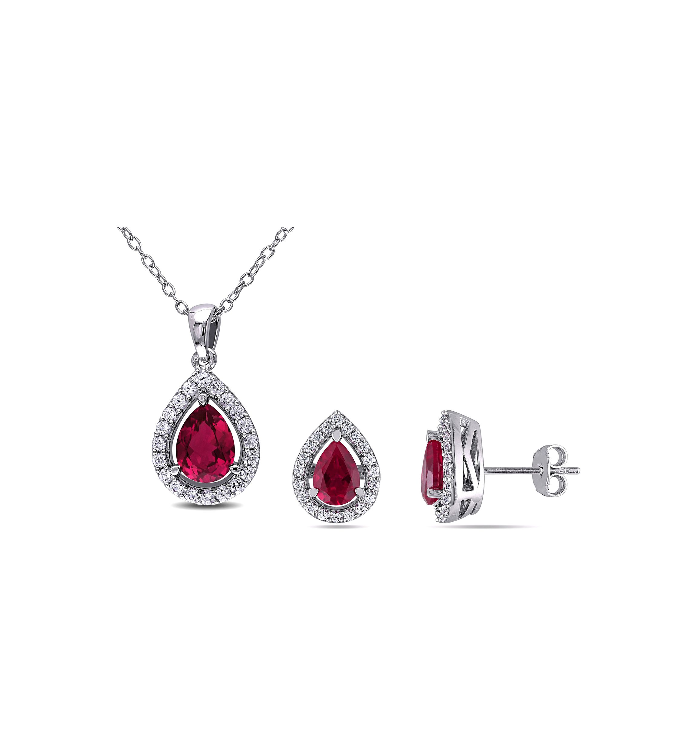 Lab Created 4 7/8 CT TGW Created Ruby and Created White Sapphire Teardrop Halo Pendant with Chain and Stud Earrings 2-Piece Set in Sterling Silver
