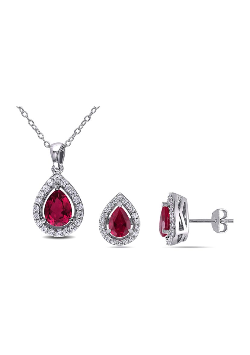 Lab Created 4 7/8 CT TGW Created Ruby and Created White Sapphire Teardrop Halo Pendant with Chain and Stud Earrings 2-Piece Set in Sterling Silver