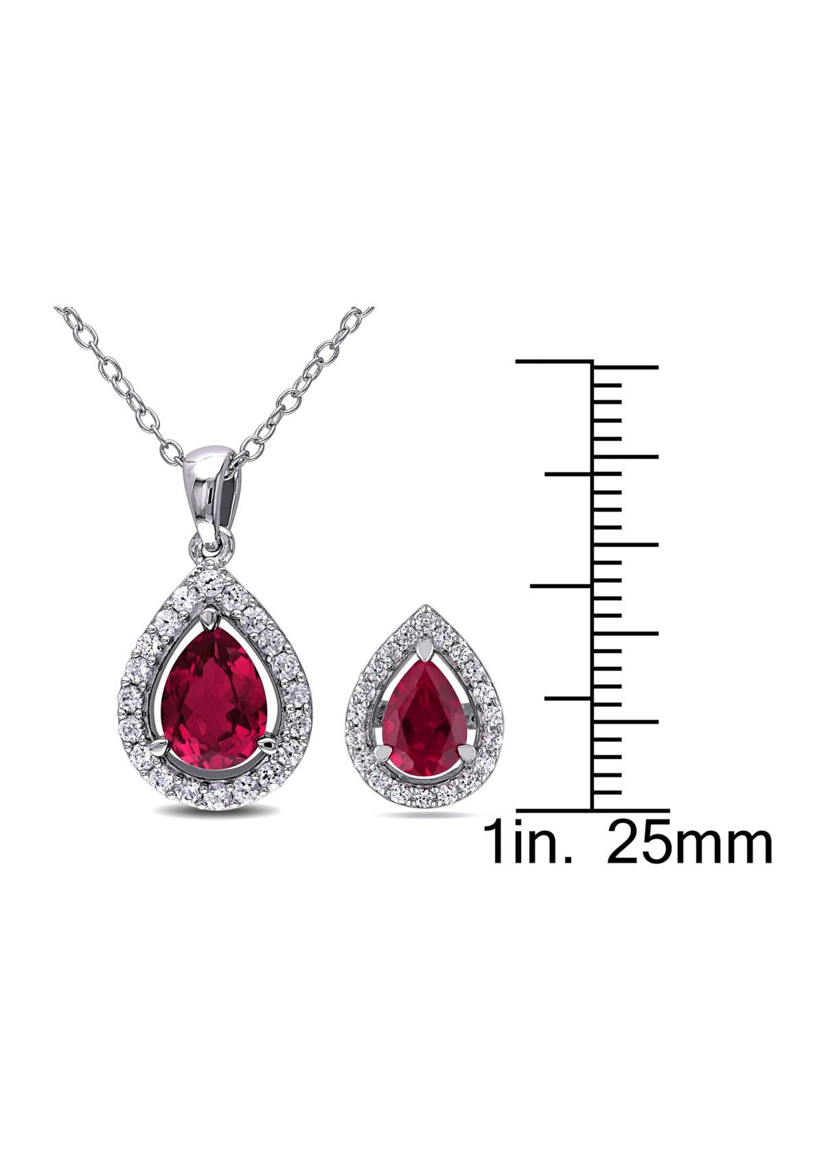 Lab Created 4 7/8 CT TGW Created Ruby and Created White Sapphire Teardrop Halo Pendant with Chain and Stud Earrings 2-Piece Set in Sterling Silver