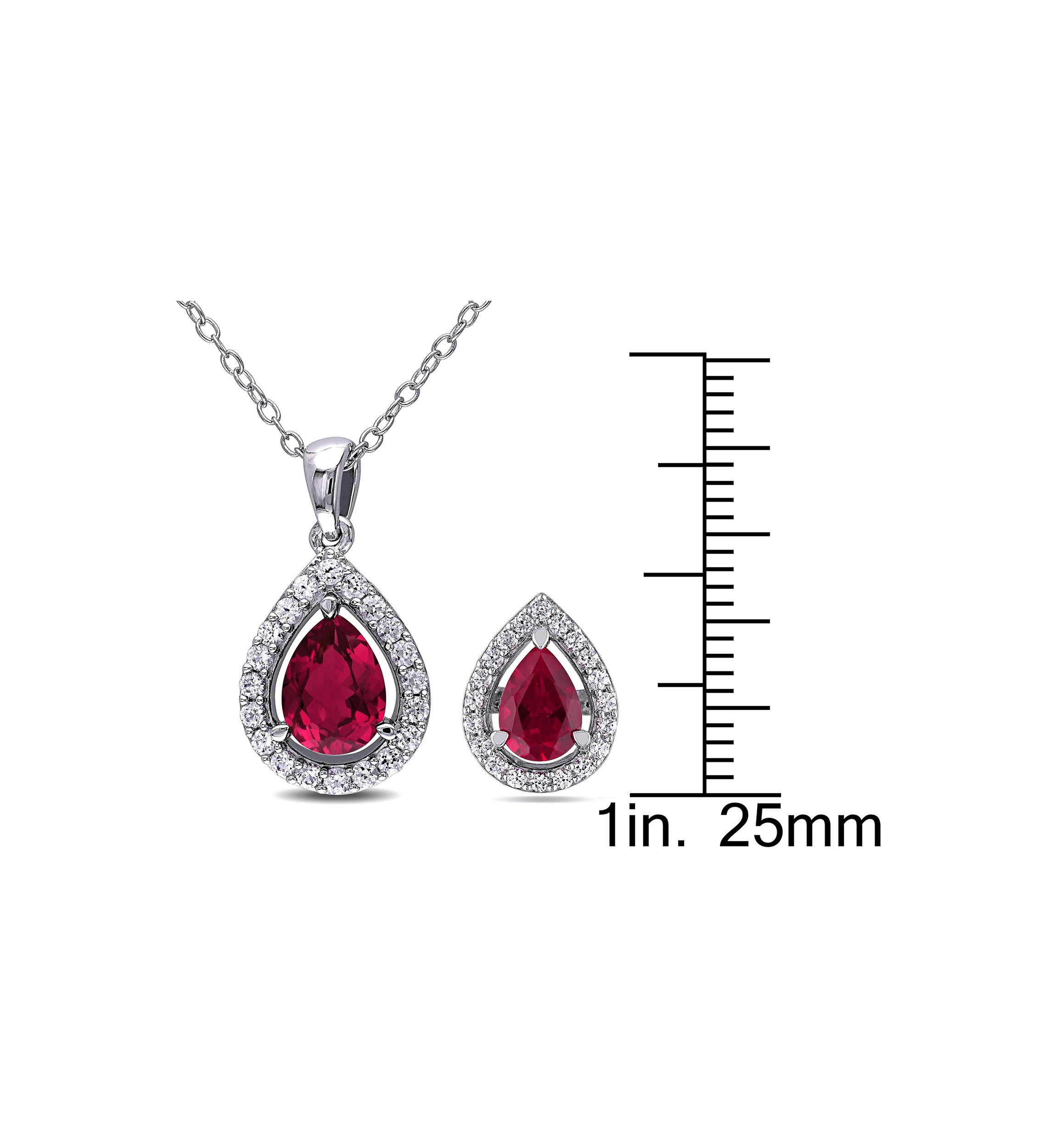 Lab Created 4 7/8 CT TGW Created Ruby and Created White Sapphire Teardrop Halo Pendant with Chain and Stud Earrings 2-Piece Set in Sterling Silver