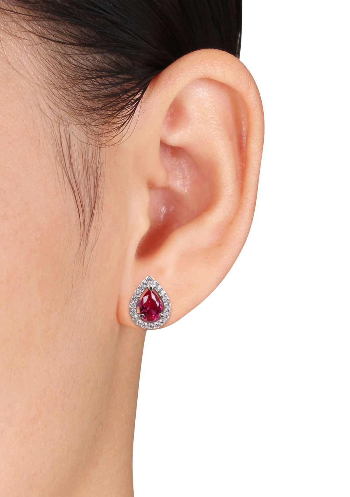 Lab Created 4 7/8 CT TGW Created Ruby and Created White Sapphire Teardrop Halo Pendant with Chain and Stud Earrings 2-Piece Set in Sterling Silver