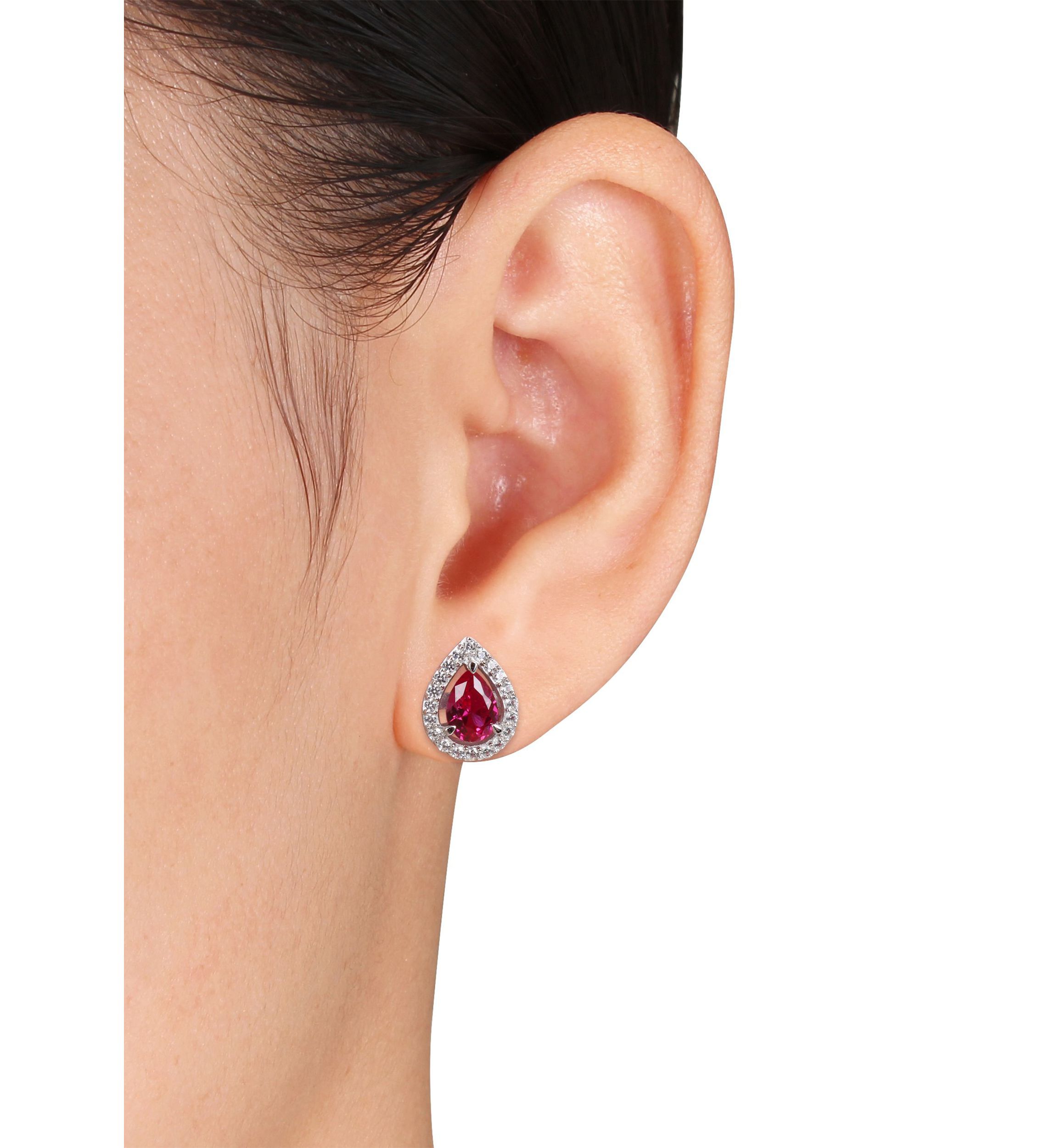 Lab Created 4 7/8 CT TGW Created Ruby and Created White Sapphire Teardrop Halo Pendant with Chain and Stud Earrings 2-Piece Set in Sterling Silver