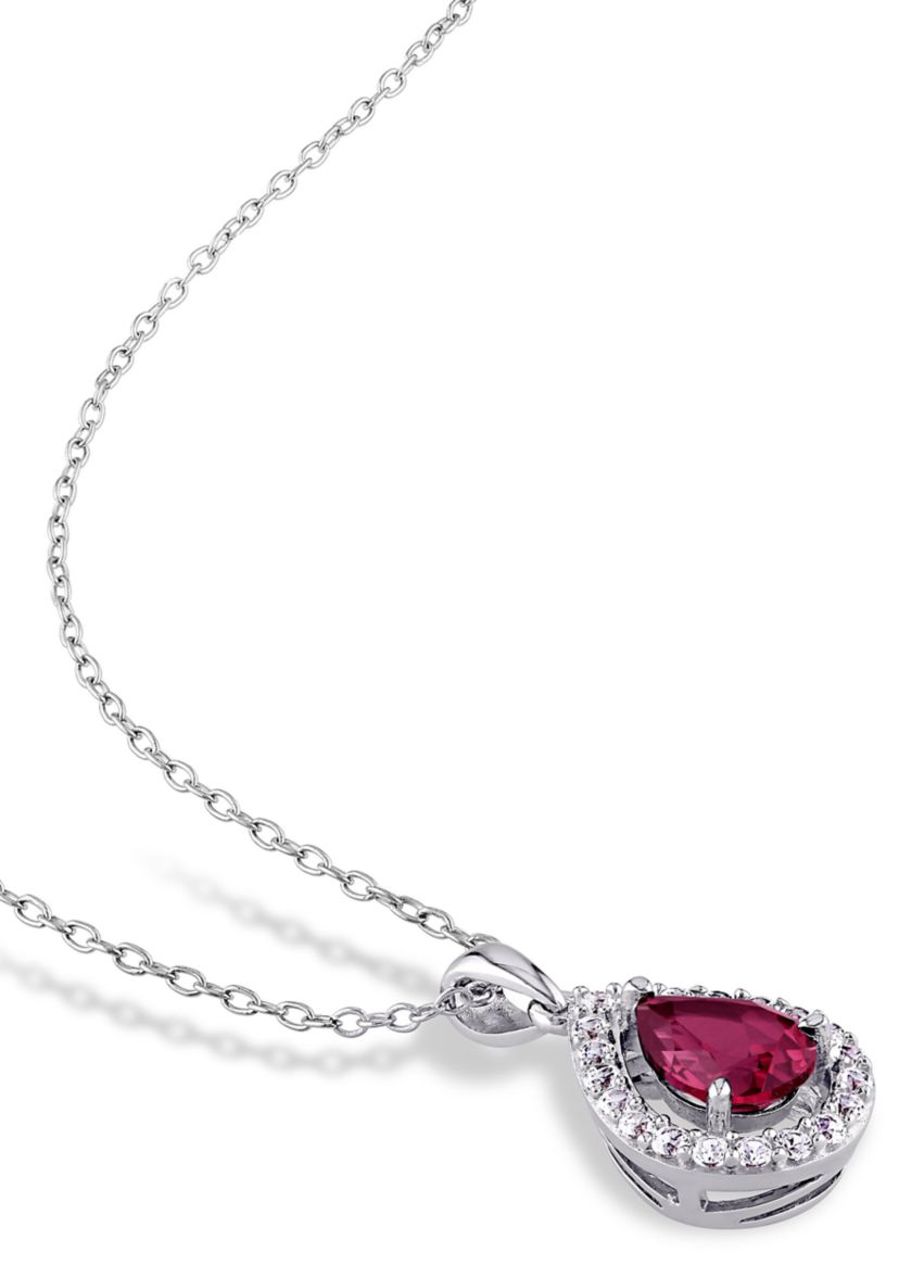 Lab Created 4 7/8 CT TGW Created Ruby and Created White Sapphire Teardrop Halo Pendant with Chain and Stud Earrings 2-Piece Set in Sterling Silver