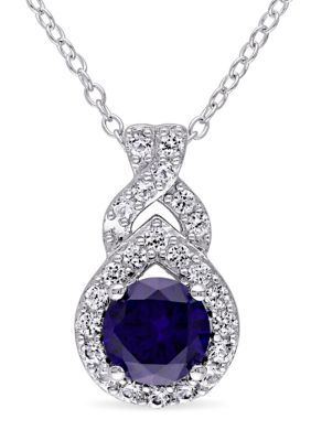 Belk & Co Lab Created Blue and White Sapphire Teardrop Halo Pendant with Chain in Sterling Silver, 18 in