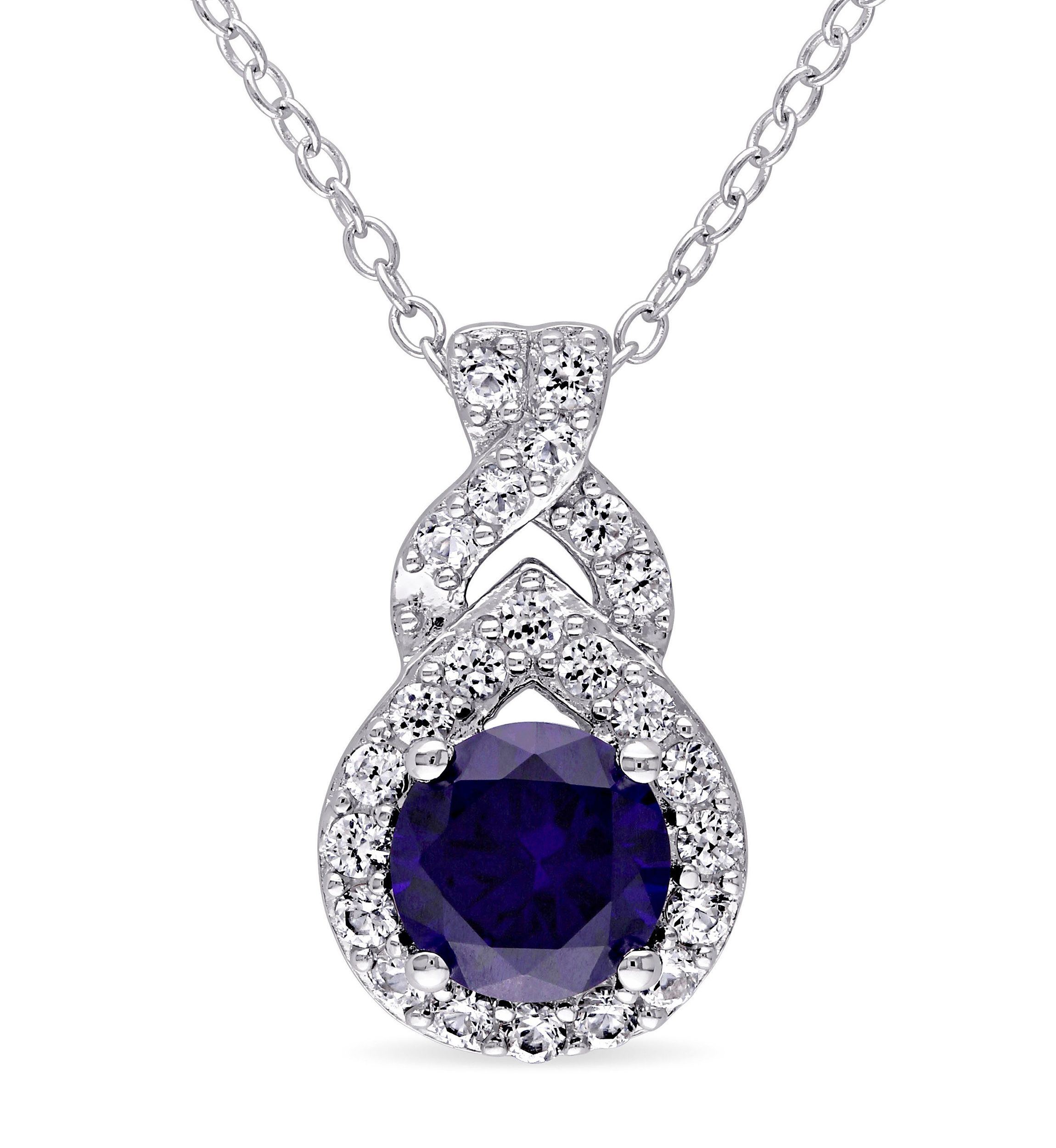 Lab Created Created Blue and Created White Sapphire  Teardrop Halo Pendant with Chain in Sterling Silver