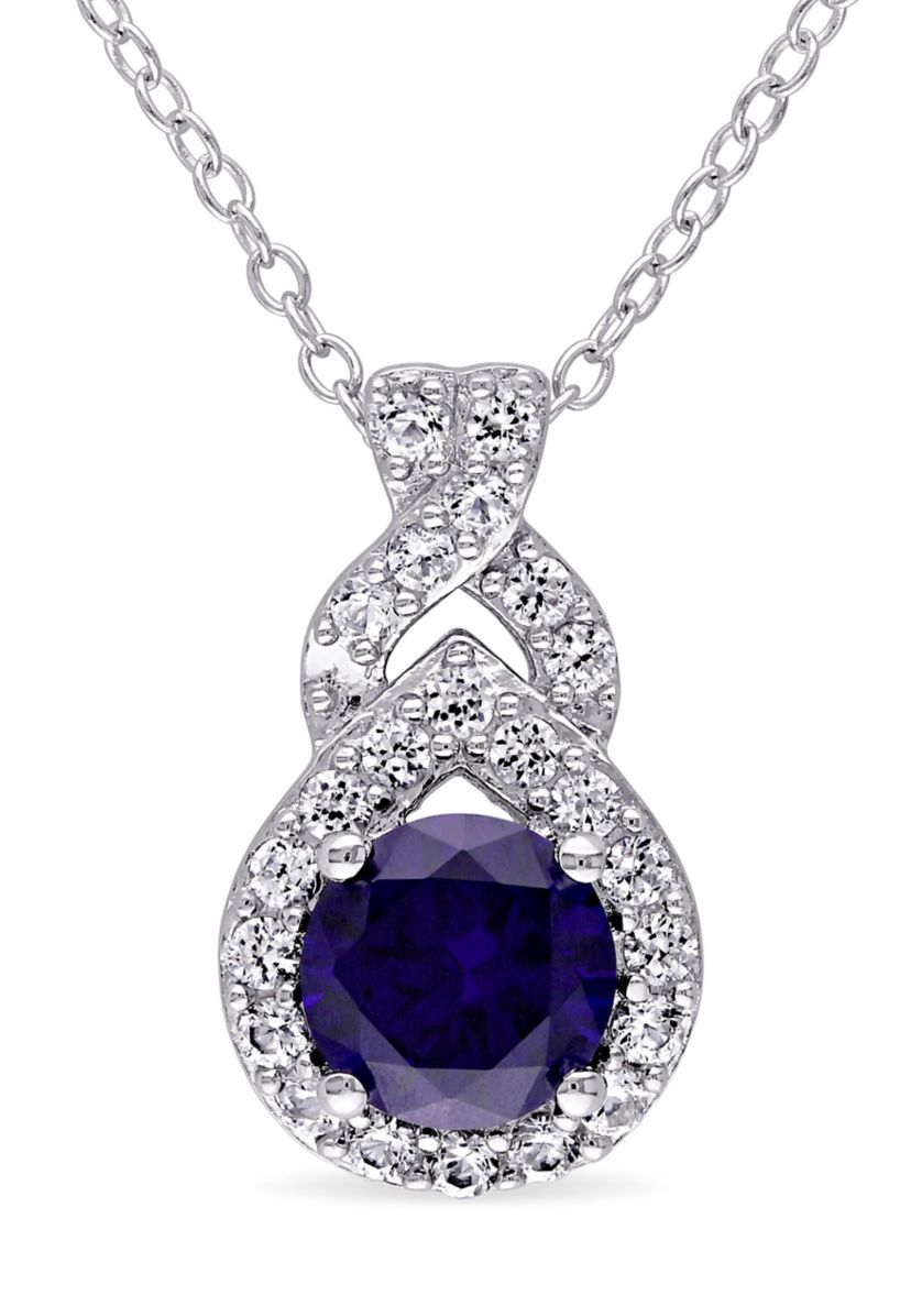 Lab Created Created Blue and Created White Sapphire  Teardrop Halo Pendant with Chain in Sterling Silver