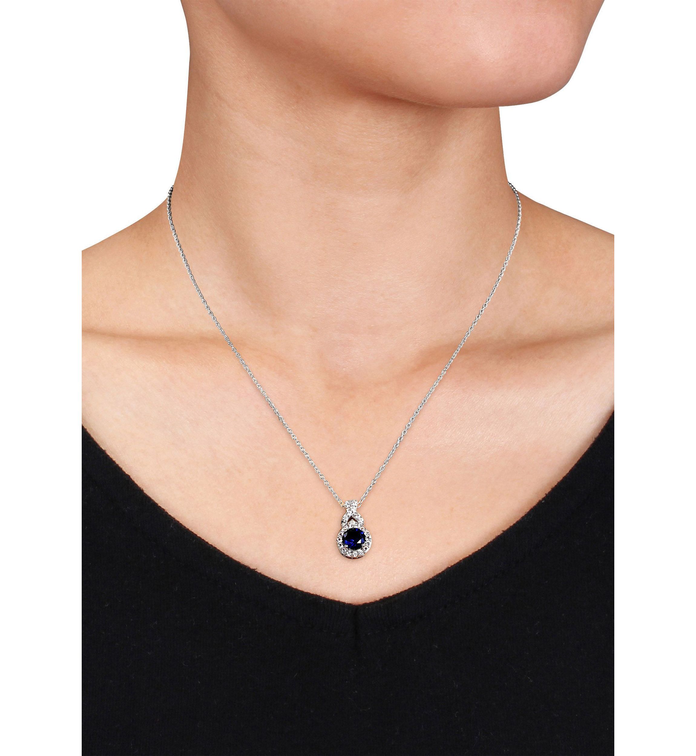 Lab Created Created Blue and Created White Sapphire  Teardrop Halo Pendant with Chain in Sterling Silver