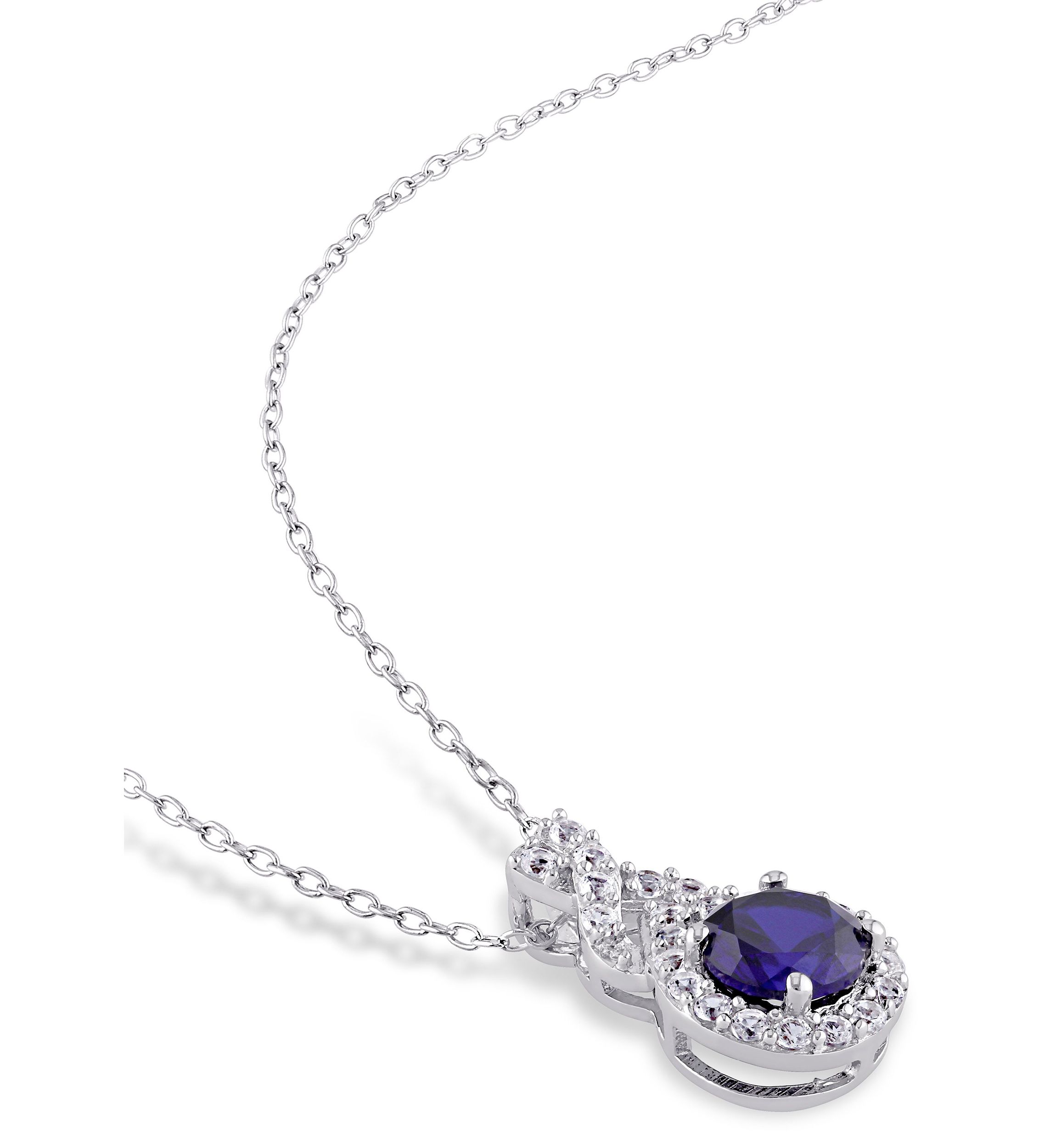Lab Created Created Blue and Created White Sapphire  Teardrop Halo Pendant with Chain in Sterling Silver